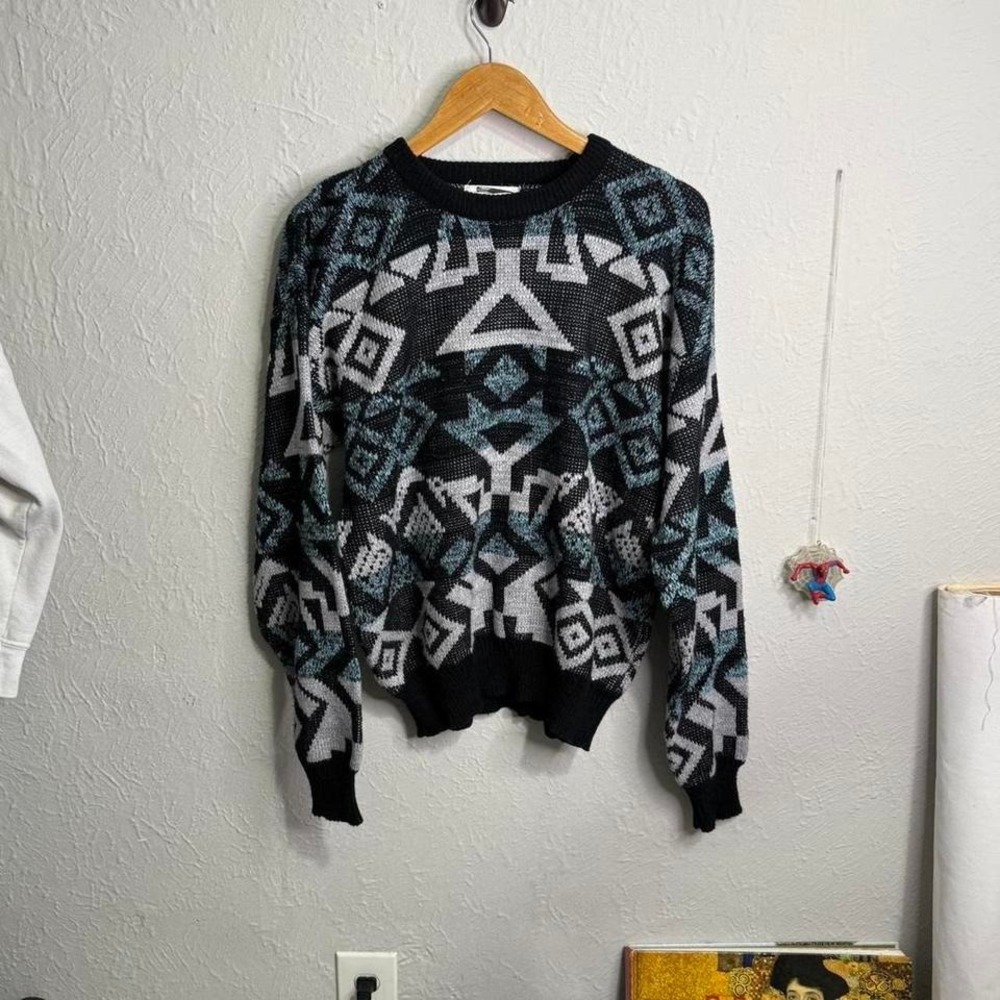 vintage 80s Expressions geometric knit sweater retro abstract Aztec geometric
